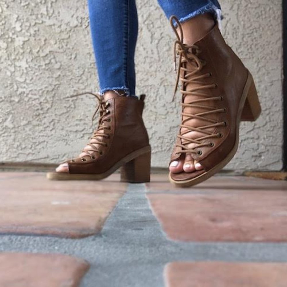 Laced up open toe booties